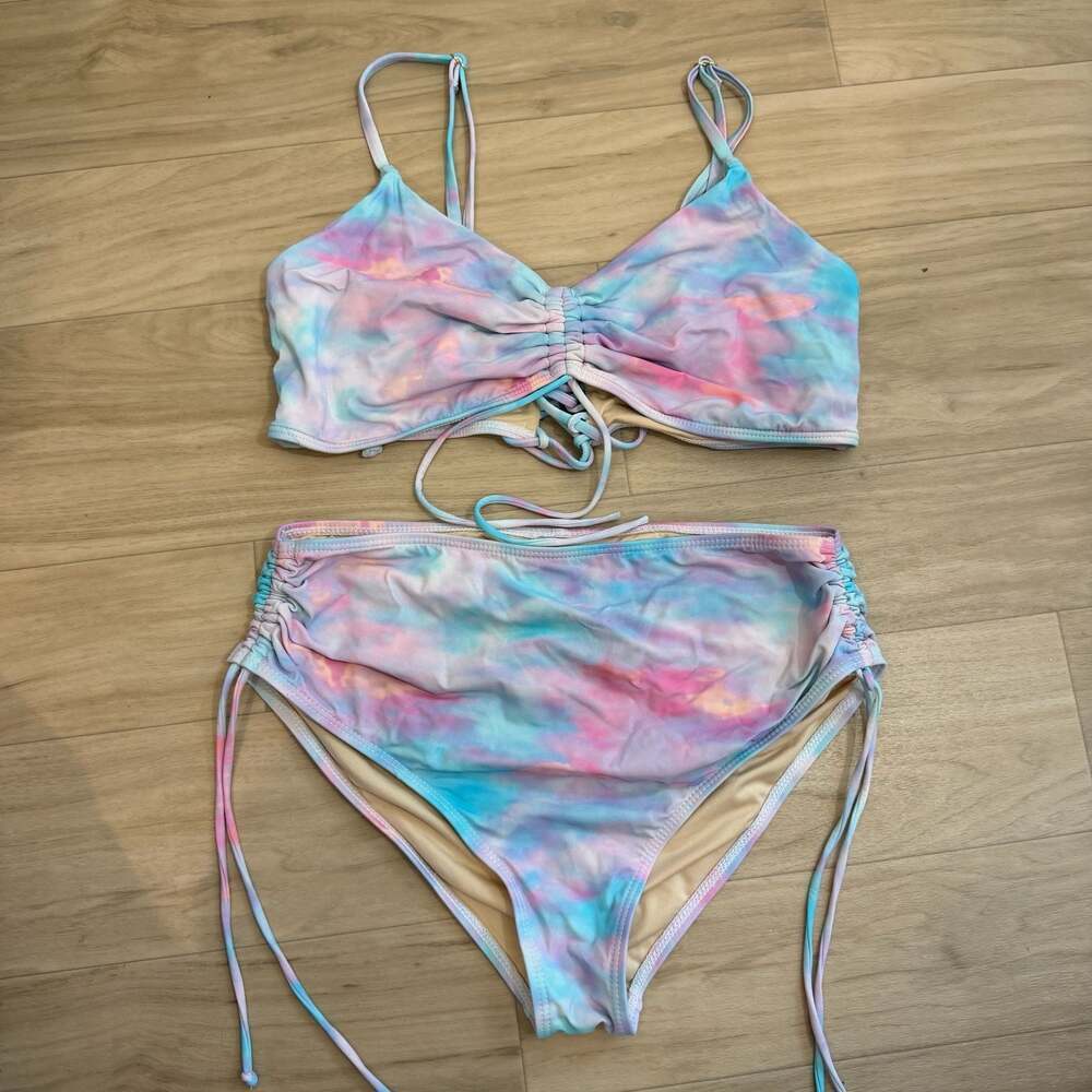 Blushing Brunette Tie-Dye Ruched Bralette and High-Waisted Bikini Set
